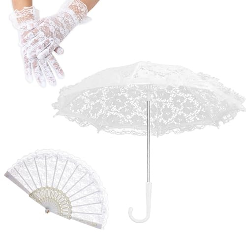 Mini Sonnenschirm-Set aus weißer Spitze, Hochzeit, Brautschmuck, Spitzenschirm, Vintage-Spitzenschirm, Spitzenhandschuhe, weiß, Handfächer, Spitzenstickerei, Sonnenschirm-Set für Kostüm,