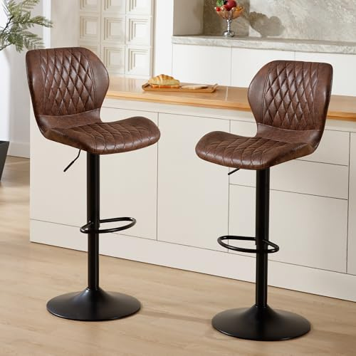 HOMYKA Bar Stools Set of 2, Modern Swivel Counter Height Barstools for Kitchen Island Chairs, Adjustable Fabric Bar Stools with Back for Kitchen Counter Bar, Brown