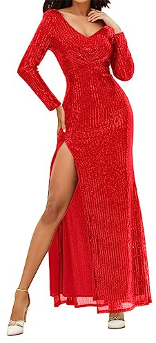 Duohropke Vestido de noche largo para mujer, con lentejuelas, sexy, manga larga, cuello en V, elegante, manga larga, brillante, vestido de noche, rojo, M