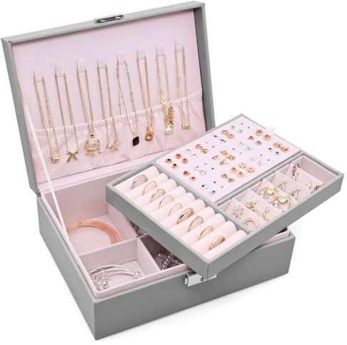 Sciphylia Boîte à Bijoux Femme Verrouillable Organisateur de Bijoux 2 Couches Grande Capacité Boite de Rangement avec Plateau Amovible pour Bagues, Boucles d'oreilles, Colliers, Gris Clair