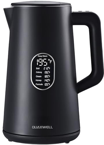 QUAXWELL 1.5L Electric Kettle Stainless Steel, Double Wall Cool Touch,Fast Boil,5 Temperature Control, LED Display, Auto Shut-Off, BPA-Free,Keep Warm Function, Ideal for Tea & Coffee (Black)