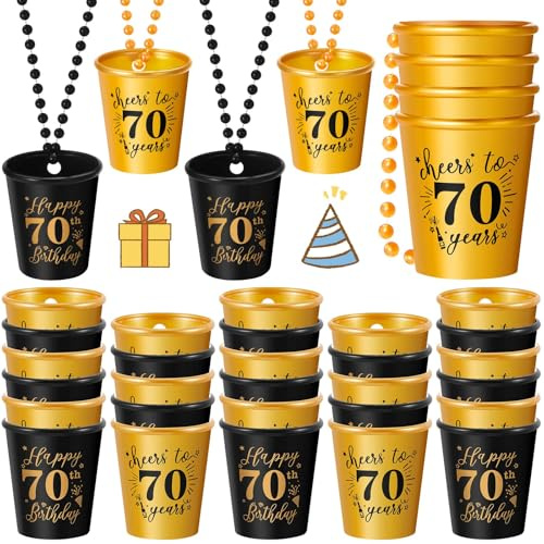 Sureio 24 Pcs 70th Birthday Party Favors Shot Glass Necklaces Cups Bulk for Women Men Guests, Plastic Gold and Black Shot Necklace Cups for Birthday Anniversary Supplies