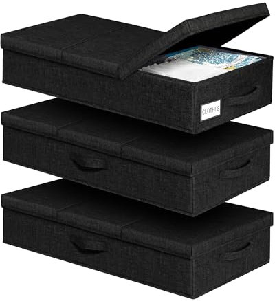 mepure Lot de 3 boîtes de rangement sous le lit avec couvercle, support latéral et inférieur robustes, boîtes de rangement pliables et empilables, vêtements, literie, armoire, 79 x 40 x 15 cm, noir