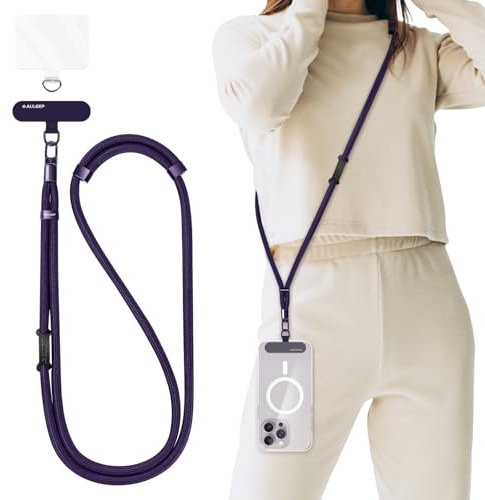 AULEEP Universal Phone Lanyard Corssbody, Anti-theft Strap for Women and Men, Adjustable Cell Phone Neck Lanyard for all iPhone and Smartphone, with 2 Premium Phone Tethers, Skin-Friendly, Purple