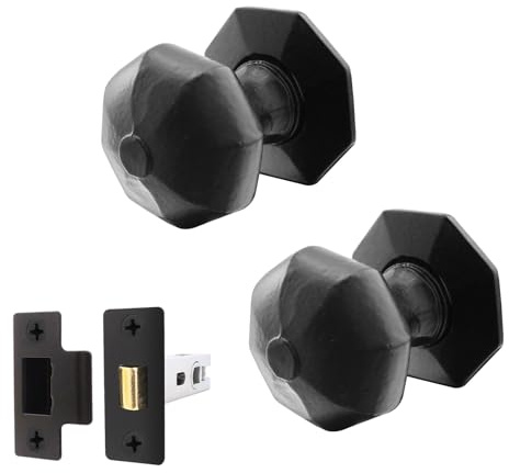 EAI Black Iron Door Knobs with Latch 76mm, 1 Pack - Iron Octagonal | Complete Latch Kit with 1 Pair of Octagonal Mortice Door Knobs for Internal Doors, 76mm Latch, Fixings Included