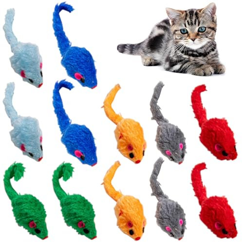 Guyode 12 Stück Katzenspielzeug Maus, Spielmäuse für Katzen, Spielmaus mit Plüschschwanz, ideale Beschäftigung für Katzen, Spielzeugmaus Katzen Fellmäuse Set, für Alle Katenrassen (Zufällige Farbe)