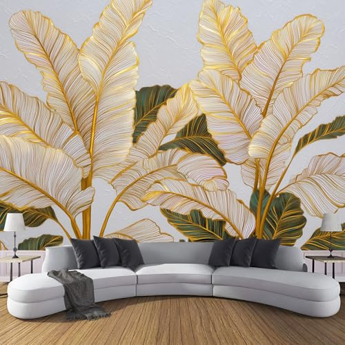 DLERFLOVR Papier Peint Panoramique Motif De Feuille De Bananier Papier Peint Soie Plantes De La Ligne Dorée XXL Poster Tableaux Décoration Murale pour Salon Chambre Tv Fond, 250x175cm, Jaune Doré