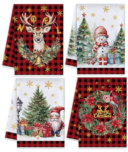 BINXWA 4 Stück Weihnachts geschirrtücher,40x60 cm handtücher Weihnachten,Baumwoll taschentücher Weihnachten weihnachtsdeko innen,Weihnachts Küchen Zubehör