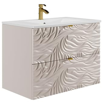 Vente-unique-Mobile bagno sospeso texturizzato con lavabo da incasso - Beige - 80 cm - RINAREL