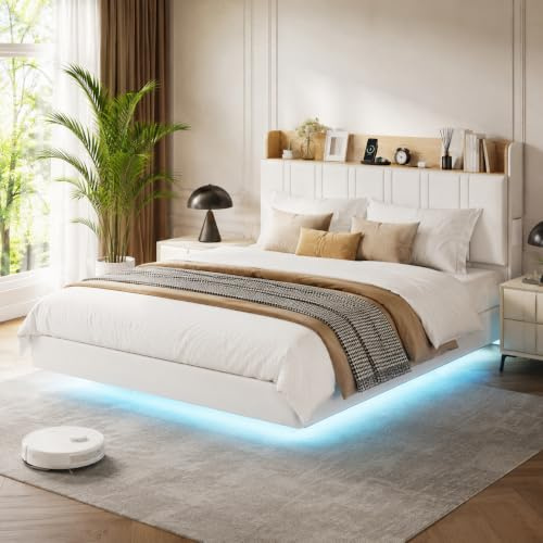 PerGar Polsterbett 140x200cm Schwebebett, Hydraulisches Stauraumbett mit LED Beleuchtung und Steckdosen, Kopfteil mit Stauraum, Modern Doppelbett Jugendbett mit Lattenrost,PU, Weiß, ohne Matratze