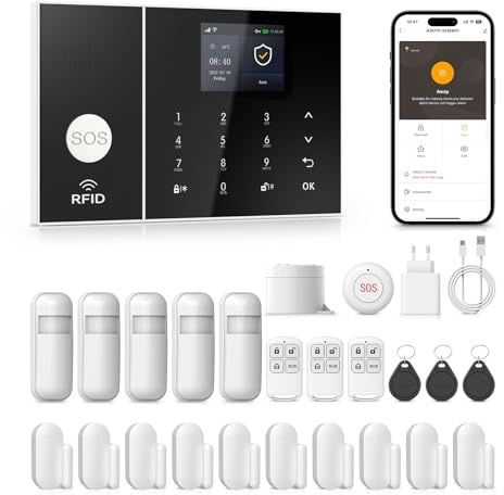 PGST Kit Alarma Casa con Aviso al Movil, Sistema de Alarma para Casa WiFi y gsm sin cuotas con Pantalla 2.4” y Batería de 1000 mAh,Aplicación Tuya Smart Life, Alexa y Google