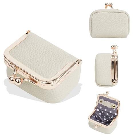 XFSRG Mini Schmuckkästchen aus echtem Leder Schmuckorganizer Klein Tragbar Schmucketui mit Kussverschluss für Ohrringe Ringe Ketten und Armbänder (Beige)