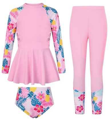 GRACE KARIN Mädchen 3-Teiliger Badeanzug Set Kinder Langarm Rash Guard Bademode Rosa Blüten Blätter 12 Jahre