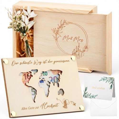 Maitys 4er Set Holz Geldgeschenke Hochzeit mit Box und Weltkarten-Holzkarte | Hochzeitsgeschenke Hochzeitskarte und Trockenblumen, Für Brautpaar, Flitterwochen und Jubiläum