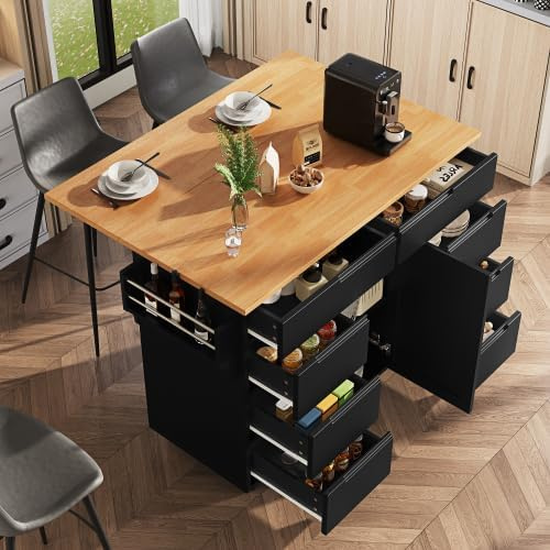 Yrxin Isla de cocina, armarios de cocina modernos, carrito de cocina extensible con ruedas y encimera, carrito de servir con estante para especias, puerta y cajones (negro, 122 x 74,5 x 91,5 cm)