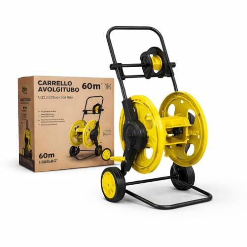 Avvolgitubo da Giardino 60 mt con Ruote e Manico Ergonomico - Avvolgi tubo Acqua Giardino SENZA TUBO, Montaggio Facile Senza Attrezzi - Struttura Resistente in PP Acciaio ABS per Irrigazione Esterno