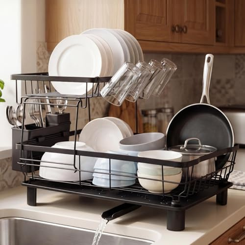 TOQUE 2 Tier Dish Drainer Rack – Large Space Saving Dish Drying Rack with 360° Swivel Telescopic Spout & Drip Tray, Rustproof Carbon Steel Kitchen Counter Drainer, Detachable Utensil Holder