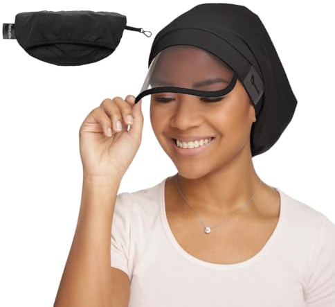 Hairbrella Frauen wasserdichte Regen-Hut mit 100% Haarabdeckung, Satin Futter, UV-Schutzvisier, und zusammenklappbarer versteckter Tasche für Reisen Schwarz