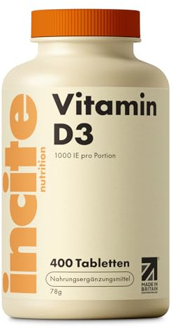 Incite Nutrition Vitamina D 1000iu, Vitamina D3 microcomprimidos fáciles de tragar, uno al día Colecalciferol VIT D3 de alta potencia, Suplemento Vegetariano, 400 Unidades (Paquete of 1)