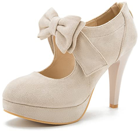 fereshte Women's Platform Mary Jane Pumps with Bow, High Heel, Closed Toe, Zip Closure Nude Label Size 44 - US 11.5