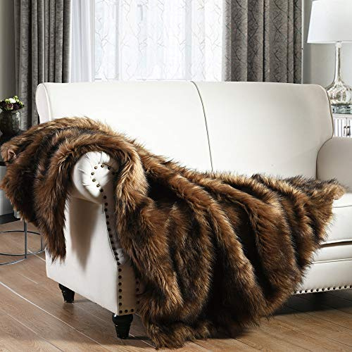 Luxury Plush Faux Fur Throw Blanket - Long Pile Brown with Black Tipped, Super Warm, Fuzzy, Elegant, Fluffy Decoration for Sofa, Armchair, Couch and Bed, 125 x 150cm