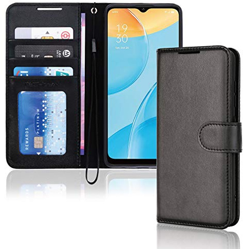 TECHGEAR Étui Oppo A15 / A15s en Cuir, Housse Portefeuille avec Rabat de Protection, Fentes pour Cartes, Béquille et Dragonne, Coque Faux Cuir PU Noir Compatible