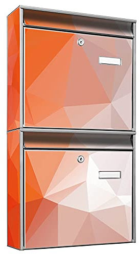 banjado Briefkastenanlage 2 Fach - 2 Briefkästen 36x64x10cm groß - Doppelbriefkasten Set - Namensschild, 2 Schlüssel, Montagematerial - Stahl verzinkt Silber - Motiv Orange Polygon