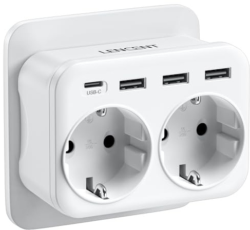 LENCENT Ladron Enchufe USB 4000W, Enchufes 6 en 1, 2 Tomas de CA, 3 USB y 1 Tipo C, Ladron Enchufe Multiple Pared con USB, Cargador Tipo-C de Móvil, Adecuedo Familia, Cocina y Oficina