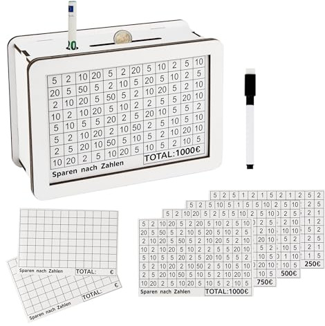 Sparbox aus Holz (6 Größen) - BEREITS MONTIERT - Wiederverwendbare Spardose mit Sparziel und Zahlen zum Ankreuzen 250€, 500€, 750€, 1000€, Sparbox mit Zahlen ankreuzen, weiß mit Stift