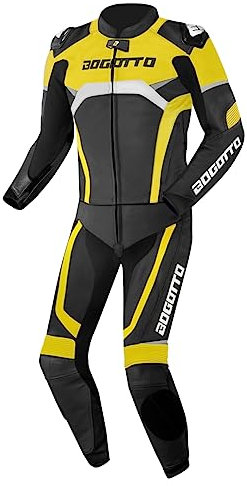 Bogotto Misano Tuta in pelle da moto a due pezzi, nero/bianco/giallo neon, 52