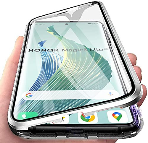 Orgsty Funda para Honor Magic 5 Lite / X9a, Absorción Magnética Cubierta Vidrio Frontal y Posterior Case Marco Metal Súper Delgada Protección de 360 Grados Funda, Plata