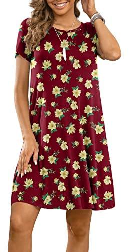 DUSDIMON Women's Summer Casual Tshirt Dresses Short Sleeve Cover ups Beach Loose Dress, 1 Begonia Red, M