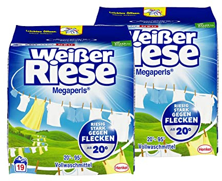 Weißer Riese Universal Megaperls Vollwaschmittel 38 WL (2 x 19 Waschladungen), Waschmittel für weiße Wäsche, wirkt extra stark gegen Flecken bei 20–95 °C, 100% recycelbares Plastik