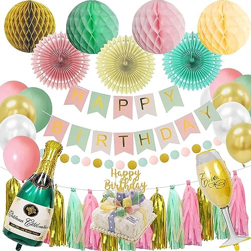 Happy Birthday Party Decorations Set, Green Gold Peach Happy Birthday Banner Hanging Paper Fan Honeycomb ball for Women Girls Birthday Party Decor