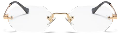 Ggpyyon Occhiali da sole retrò rettangolari senza montatura per uomo donna trendy metallo oro poligono occhiali da sole senza bordi, oro/trasparente, S