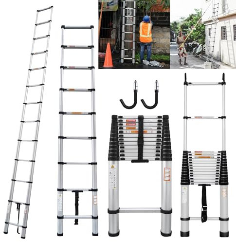 6.2M/20.3FT Multi Purpose Aluminum Telescopic Ladder, Extension Tall Loft Ladder with 2 Detachable Hooks, Step Adjustable for RV, Attic, Household, Portable Adjustable, EN131, 330lb Max Load