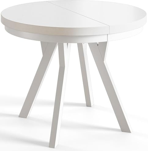 AlpiMeble Runder Esstisch ausziehbar – Moderner Wohnzimmertisch und Küchentisch – Tisch mit Stabile Konstruktion, Durchmesser 90 cm - 190 cm - Farbe Weiß - Kollektion Evo