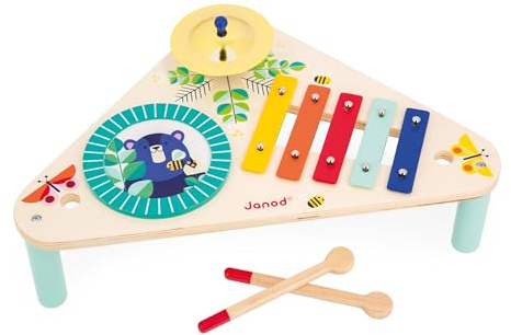 Janod - Tavolo Musicale in Legno Gioia - 3 Strumenti Musicali per Bambini - Giocattolo Musicale di Imitazione - Vernice a base d'acqua - Dai 12 Mesi, J07655