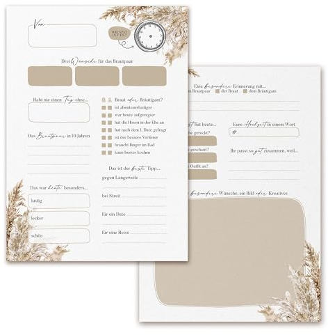 Gästebuchkarten für Hochzeit, 25er Set in DIN A5 (14,8x21cm), Hochzeitsspiel mit Fragen zum ausfüllen im Pampasgras Boho Look, Gästekarten als Gästebuch alternative