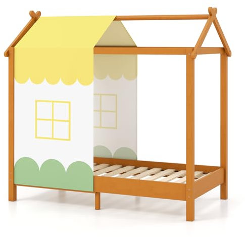 COSTWAY Cama Infantil 70x140cm, Cama Montessori de Madera Maciza, Dosel Extraíble, 12 Listones, Cama Niño, Natural, Carga 100kg