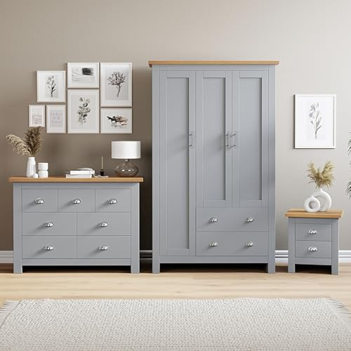 Blisswood Bedroom Furniture Set,3 Piece Bedroom Set With 3 Door Wardrobe & 4+3 Drawer Chest of Drawer + 2 Drawer Bedside Table (3 Door Wardrobe + 4+3 Drawer Chest & 2 Drawer Bedside Table Grey)