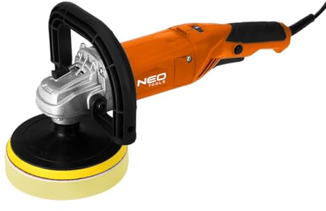 NEO TOOLS Poliermaschine 900W im Set mit Stützteller und Polierpad | 150mm Durchmesser, 1-6 Gänge: 600–3000 U/min, Abnehmbarer D-Griff, Zum Polieren von Auto, Scheinwerfern und Möbeln
