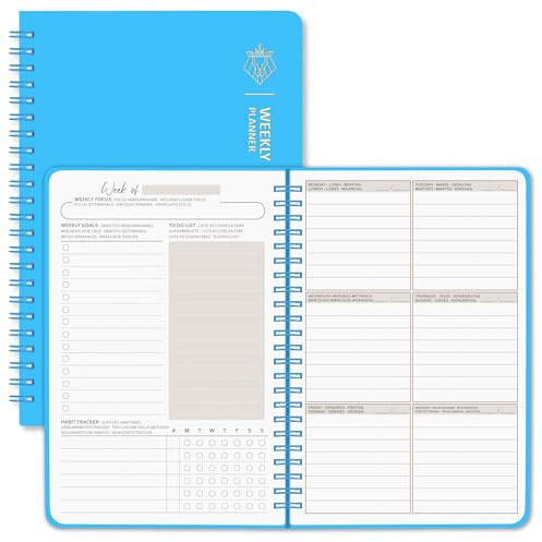 BIROYAL Agenda semanal sin fecha, A5 planificador semana vista, planner semanal con lista de tareas, gran espacio para notas, organizador diario espiral 52 hojas, weekly planner con tapa dura