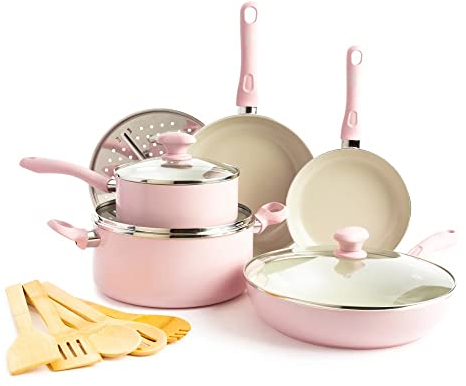CRBUDY Juego de ollas y sartenes antiadherentes de cerámica Saludable, 14 Piezas, Rosa, Accesorios de Cocina