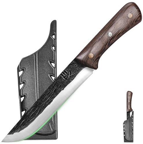 FULLHI Couteau à désosser à manche en bois avec étui, pour trancher et désosser la viande, pour la maison, le camping et le barbecue. (marron, 18cm)