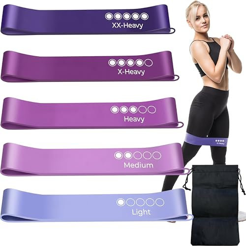 Resistance Bands, Set of 5, Skin-Friendly Loops with 5 Resistance Levels, Carrying Case, for Home, Gym, Yoga, Training (Purple)