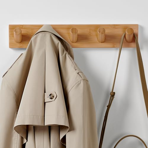 LARHN Garderobenleiste Holz - 5 Haken XL - 42 cm Garderobenhaken | Bambus, XL-Haken, Inkl. Montagevideo & Montagematerial, hält Mäntel, Jacken & Taschen, für Kinderzimmer, Flur & Diele