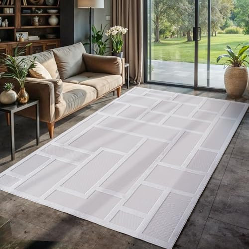 Carpettex Indoor Outdoor Teppich wetterfest 80x150 cm, 3D Optik, Kariert-Boho Design, waschbar, wetterbeständiges, Natur Creme Farbe, Teppich Wohnzimmer, Terrasse, Läufer Teppich