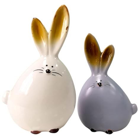 FONDUO 2 Stück Osterhase Keramik Osterdeko Hase Figuren Deko Ostern Osterhase Porzellan Ornamente Osterhasen Figuren Tischdeko Ostern Deko Porzellanhase für Wohnzimmer Heimdekoration Geschenk (A)