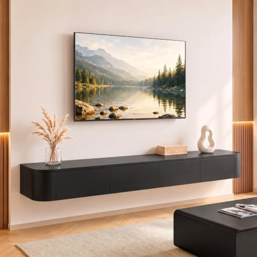 Ribanedy Modernes Schwebendes TV-Regal | Wandmontierte Unterhaltungsmedien-Konsole | Großes Aufbewahrungs-TV-Bank für Wohnzimmer & Büro (Schwarz, 300cm)